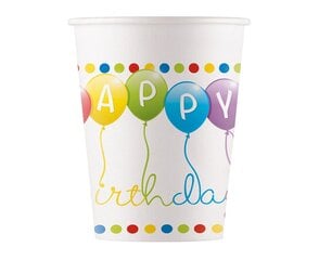 Vienkartiniai popieriniai puodeliai "Happy Birthday", 200 ml, 8 vnt 93461 kaina ir informacija | Vienkartiniai indai šventėms | pigu.lt