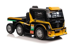 Vienvietis elektromobilis su priekaba Mercedes-Benz Axor XMX622, geltonas kaina ir informacija | Elektromobiliai vaikams | pigu.lt