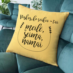 Dekoratyvinė pagalvėlė Meilė, šeima ir namai, geltona kaina ir informacija | Originalios pagalvės, užvalkalai | pigu.lt