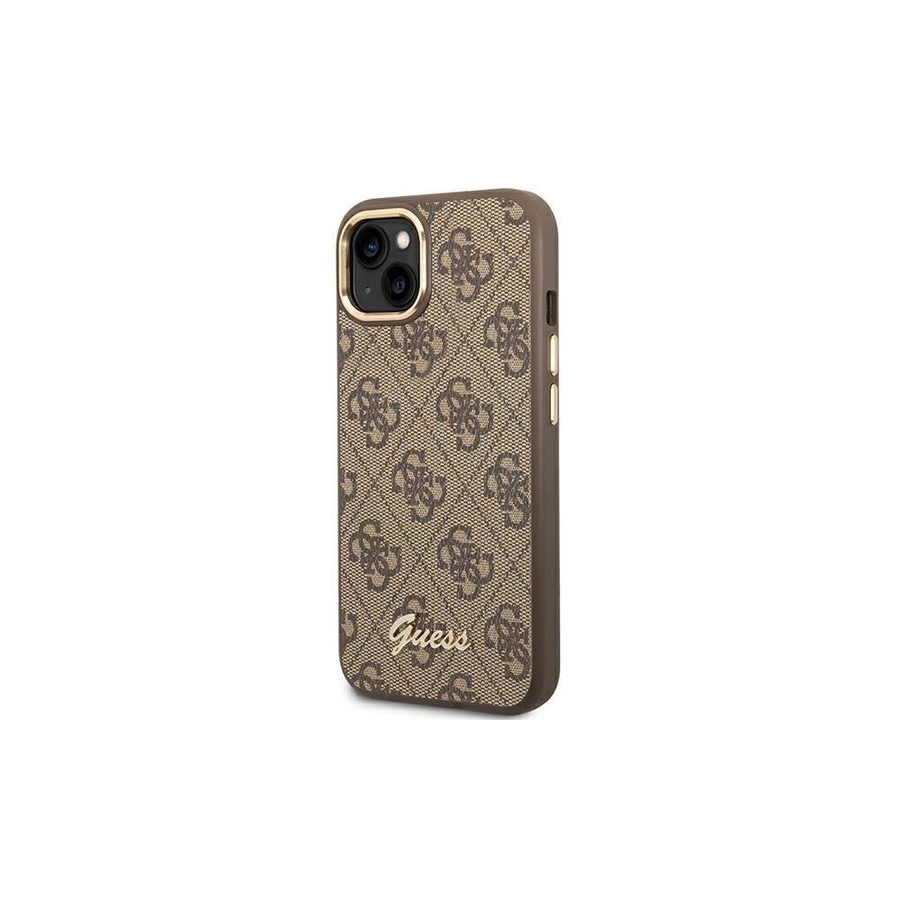 Guess iPhone 14 Pro 6,1&quot; GUHCP14LHG4SHW brown HC PC/TPU 4G PU Metal Outline Script kaina ir informacija | Telefono dėklai | pigu.lt