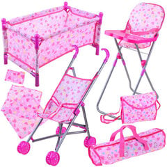 Кукольный набор 5в1 с кроваткой, коляской и стулом цена и информация | Игрушки для девочек | pigu.lt