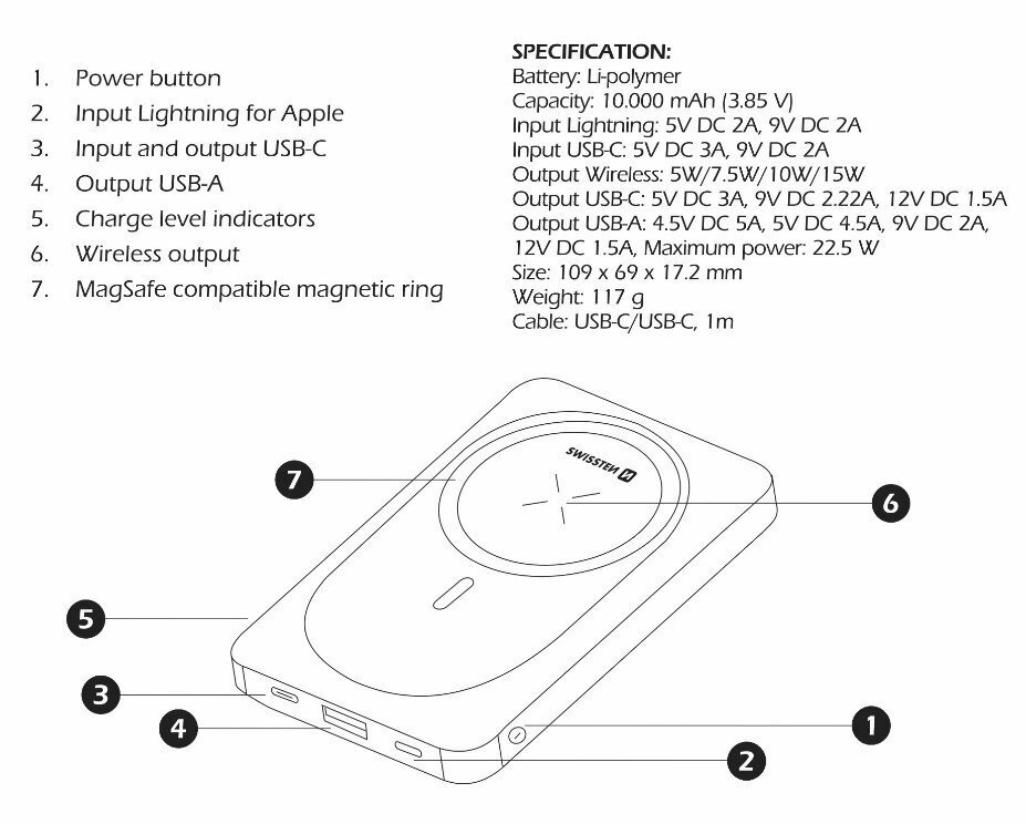 Swissten MagSafe 10000 mAh kaina ir informacija | Atsarginiai maitinimo šaltiniai (power bank) | pigu.lt