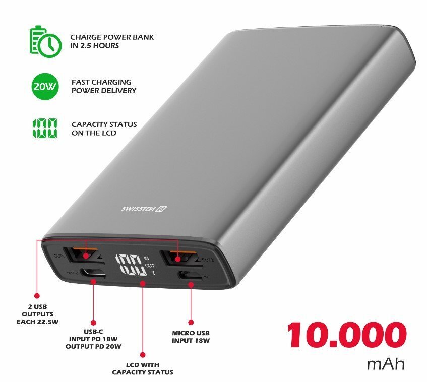 Swissten Aluminium 10000 mAh kaina ir informacija | Atsarginiai maitinimo šaltiniai (power bank) | pigu.lt