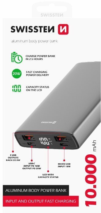 Swissten Aluminium 10000 mAh kaina ir informacija | Atsarginiai maitinimo šaltiniai (power bank) | pigu.lt