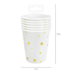 Popierinis puodelis su auksinėmis žvaigždutėmis, baltos sp., 6 vnt цена и информация | Праздничная одноразовая посуда | pigu.lt