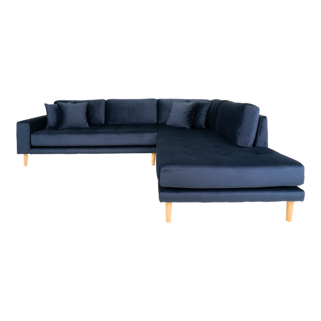 Kampinė dešininė sofa Lido su atviru galu ir keturiomis pagalvėmis, Velvetas, mėlyna kaina ir informacija | Sofos | pigu.lt