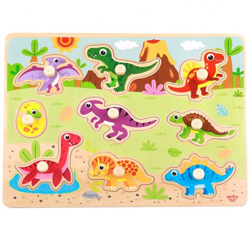 Medinė dinozaurų dėlionė mažyliams Tooky Toy, 10 dalių kaina ir informacija | Žaislai kūdikiams | pigu.lt