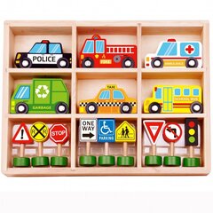 Medinių transporto priemonių ir kelio ženklų rinkinys kaina ir informacija | Žaislai kūdikiams | pigu.lt