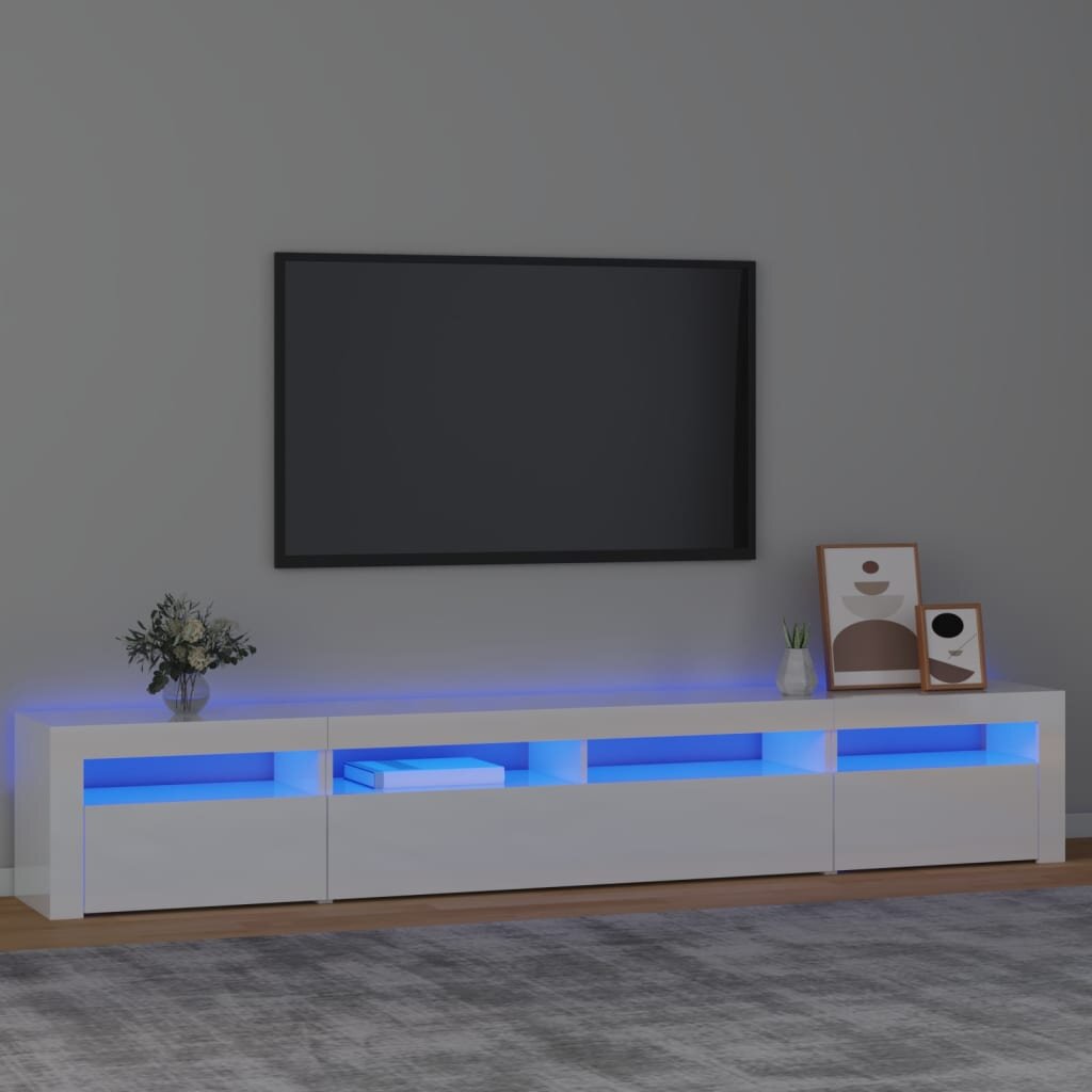 Tv spintelė su led apšvietimu, balta, 240 x 35 x 40 cm, blizgi kaina ir informacija | TV staliukai | pigu.lt
