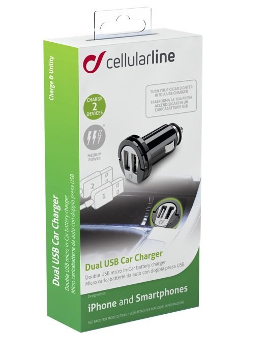 Dvigubas USB automobilio adapteris Cellular Black, 2A kaina ir informacija | Krovikliai telefonams | pigu.lt