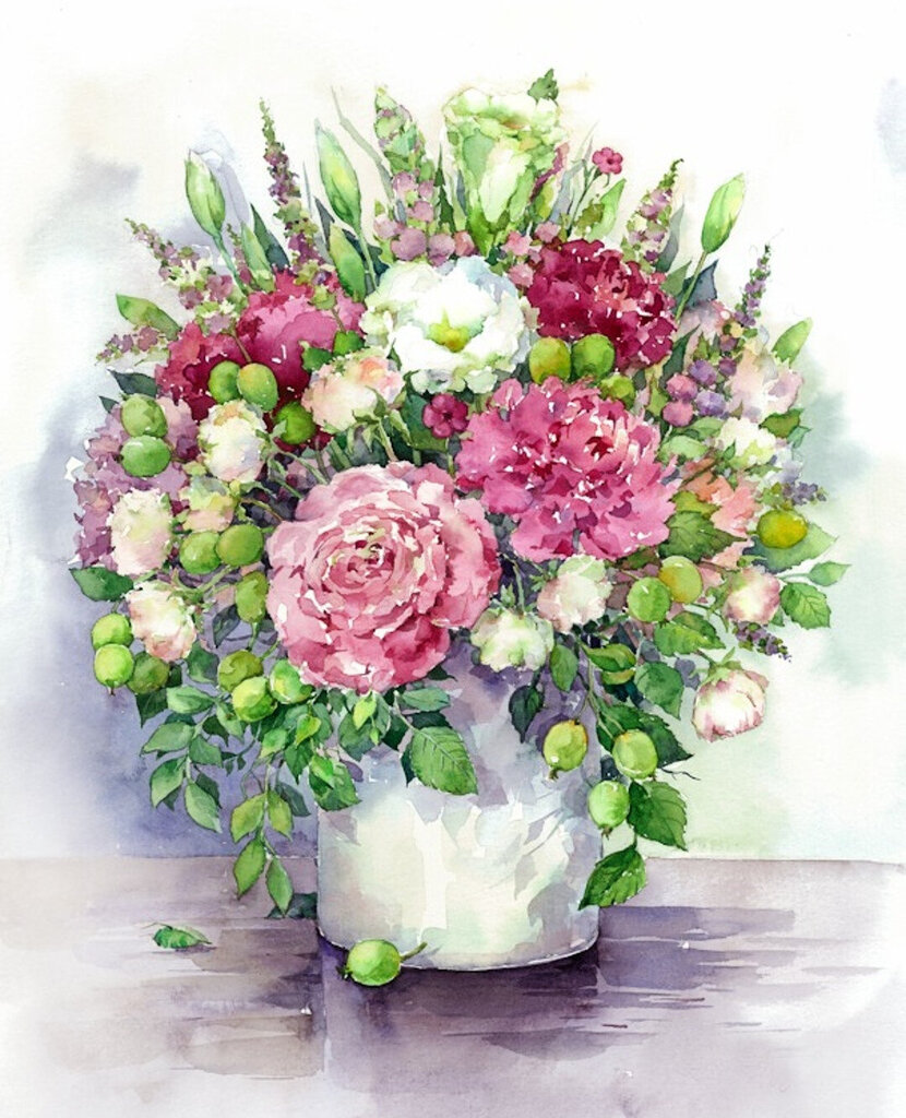 Deimantinė mozaika Bright peonies with green fruits in a white vase, 40x50 cm kaina ir informacija | Deimantinės mozaikos | pigu.lt