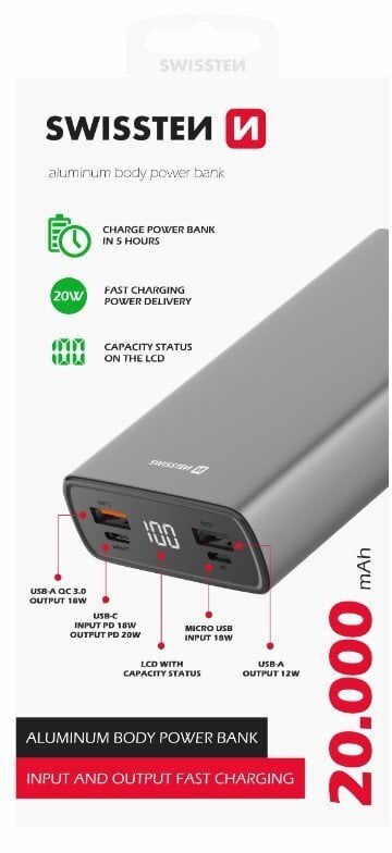 Swissten Aluminium 20000 mAh kaina ir informacija | Atsarginiai maitinimo šaltiniai (power bank) | pigu.lt