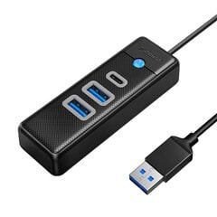 Orico Hub Adapter USB to 2x USB 3.0 + USB-C, 5 Gbps, 0.15 м (Black) цена и информация | Адаптеры, USB-разветвители | pigu.lt