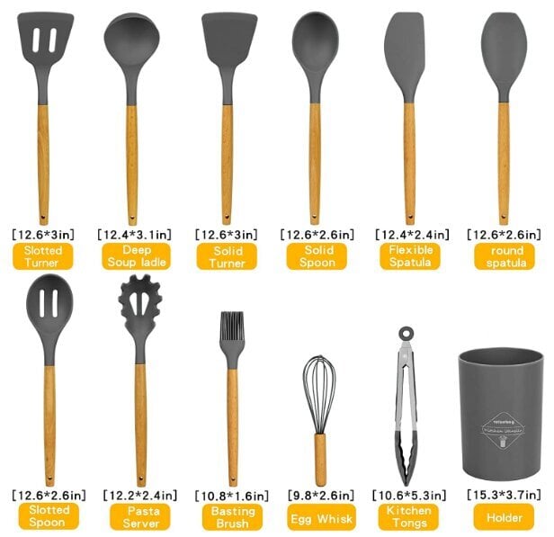 Virtuvės įrankių rinkinys, 12vnt, pilkas kaina ir informacija | Virtuvės įrankiai | pigu.lt