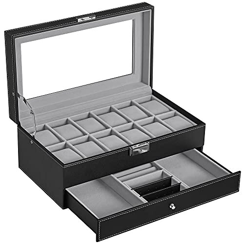 Dviejų pakopų laikrodžių dėžutė SONGMICS juoda kaina ir informacija | Interjero detalės | pigu.lt