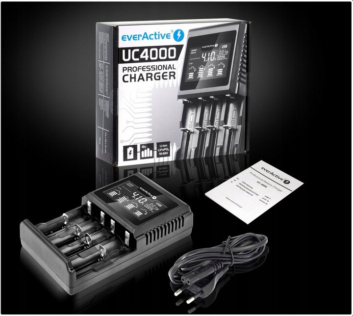 Everactive UC-4000 įkroviklis 4 16340, 17670, 18350, 18500, 18650, 20700, 21700, 25500, 26650, AA, AAA, C (R14), D (R20) kaina ir informacija | Elementų krovikliai | pigu.lt