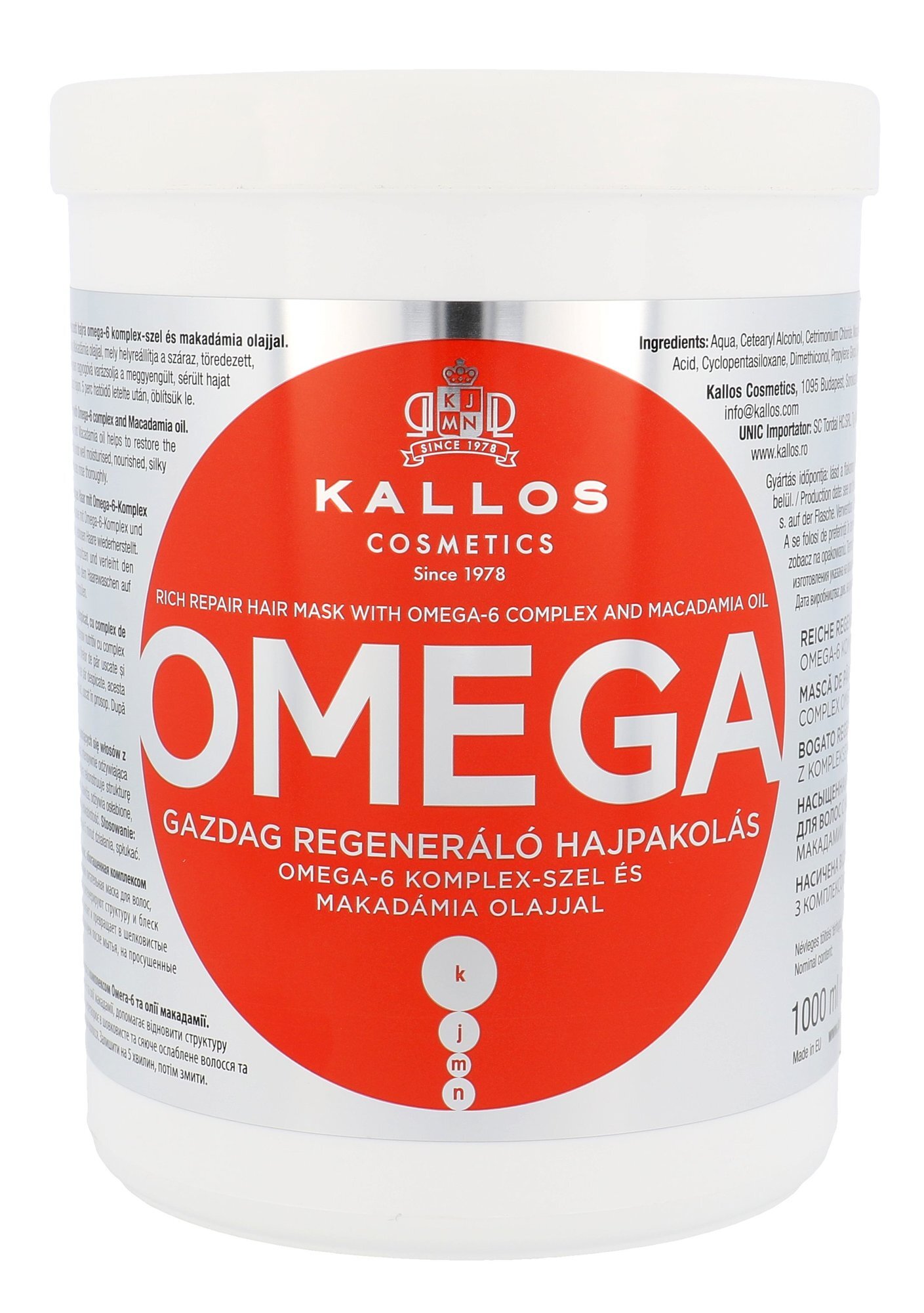 Atkuriamoji plaukų kaukė su Omega-6 kompleksu ir makadamijų aliejumi Kallos Omega 1000 ml