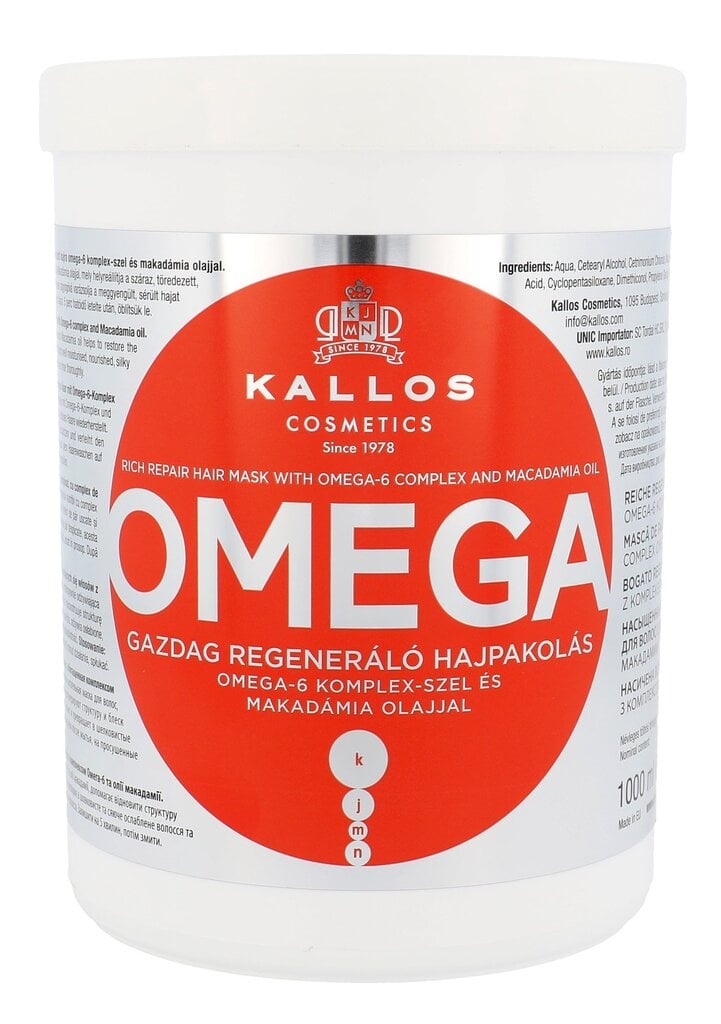 Atkuriamoji plaukų kaukė su Omega-6 kompleksu ir makadamijų aliejumi Kallos Omega, 1000 ml цена и информация | Priemonės plaukų stiprinimui | pigu.lt