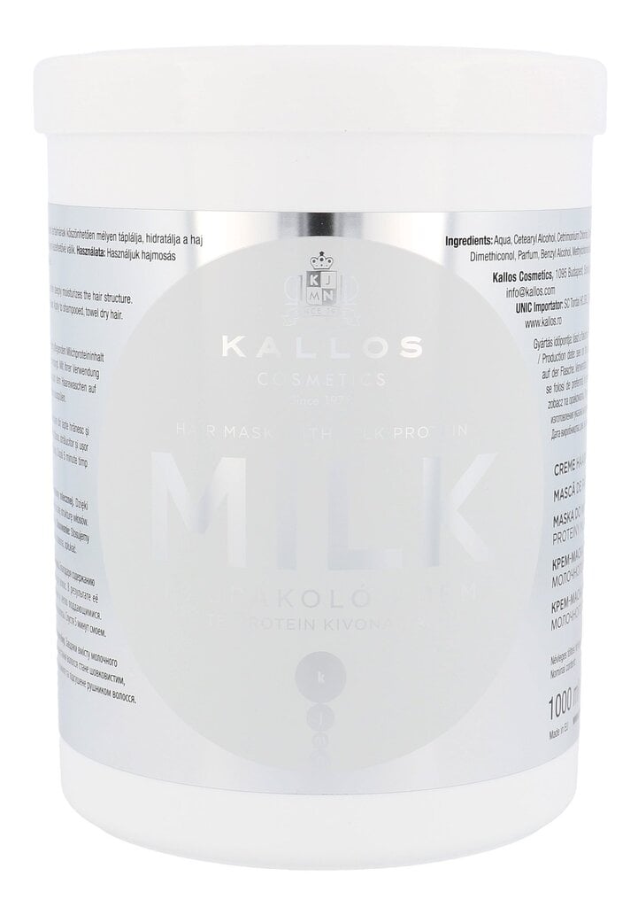 Maitinanti ir drėkinanti kaukė sausiems plaukams su pieno baltymais Kallos Milk, 1000 ml kaina ir informacija | Priemonės plaukų stiprinimui | pigu.lt