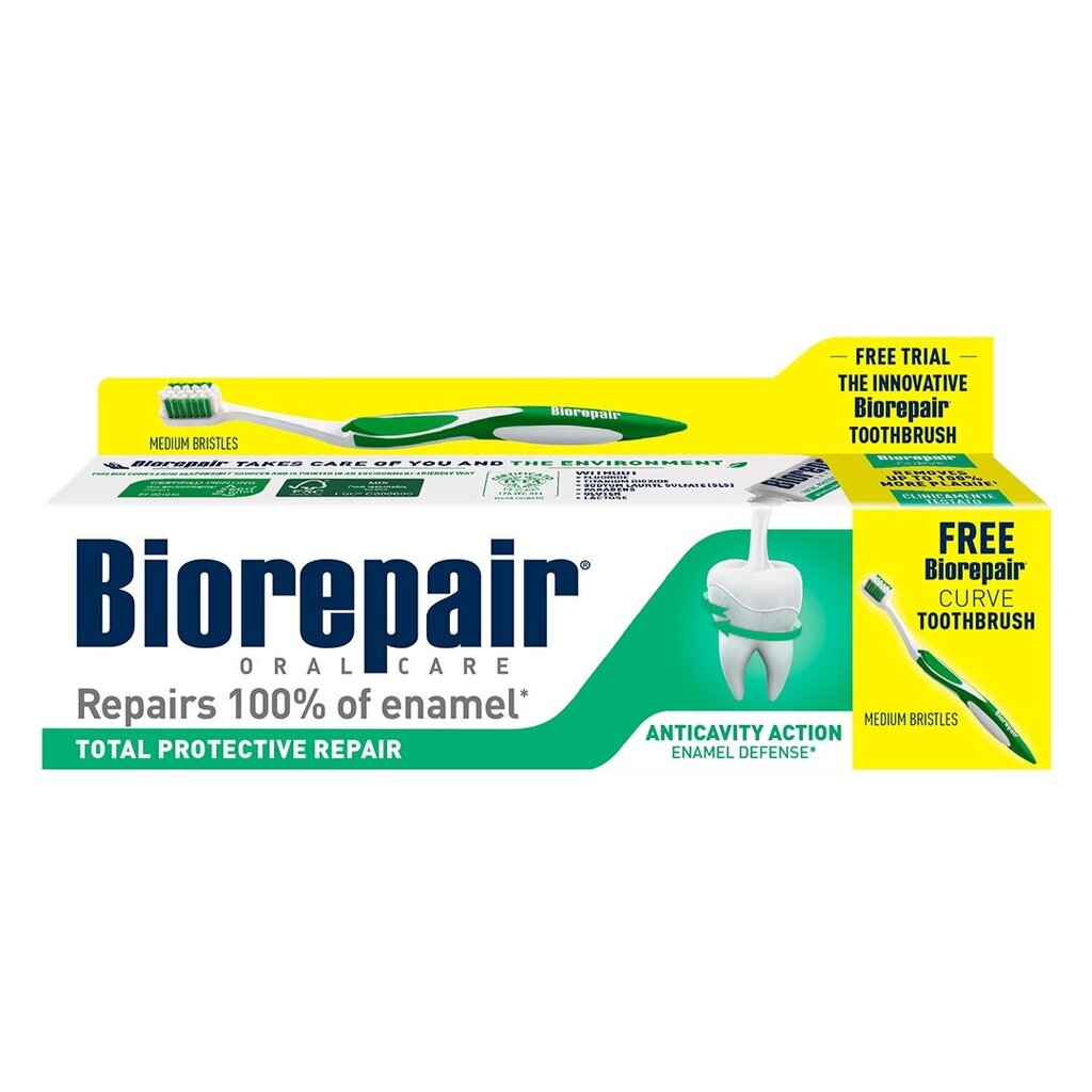 Dantų pasta Biorepair total protective repair, 75 ml + dantų šepetėlis su dangteliu Biorepair Curve kaina ir informacija | Dantų šepetėliai, pastos | pigu.lt