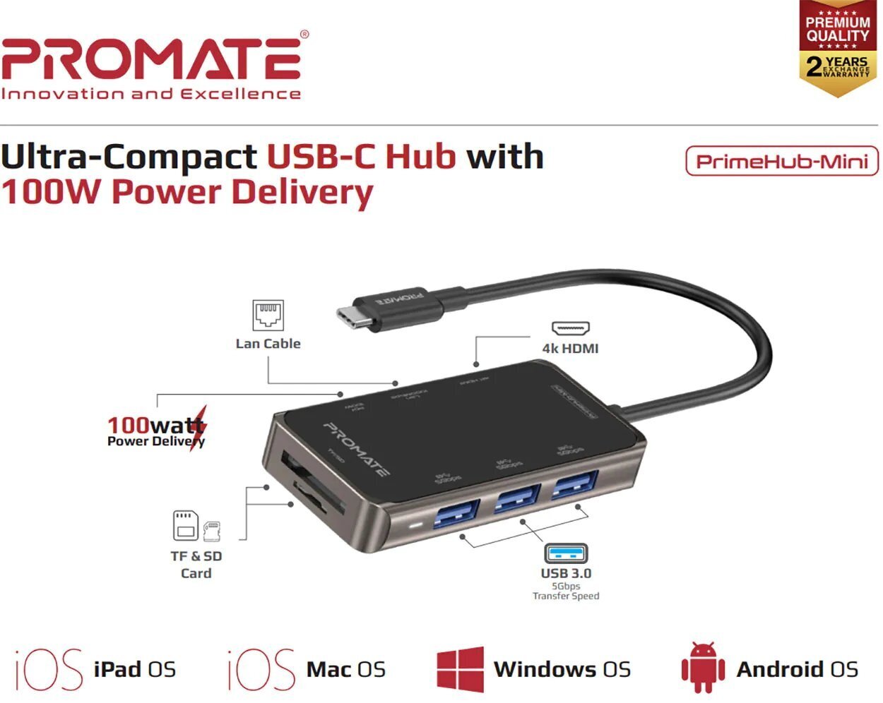 Šakotuvas Promate PrimeHub-Mini 8in1 USB-C Hub HDMI, LAN, SD, 3x USB3.0 kaina ir informacija | Adapteriai, USB šakotuvai | pigu.lt