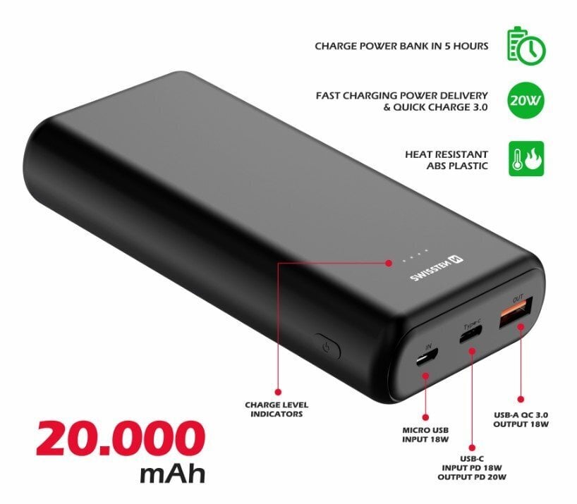 Swissten Line 20000 mAh цена и информация | Atsarginiai maitinimo šaltiniai (power bank) | pigu.lt