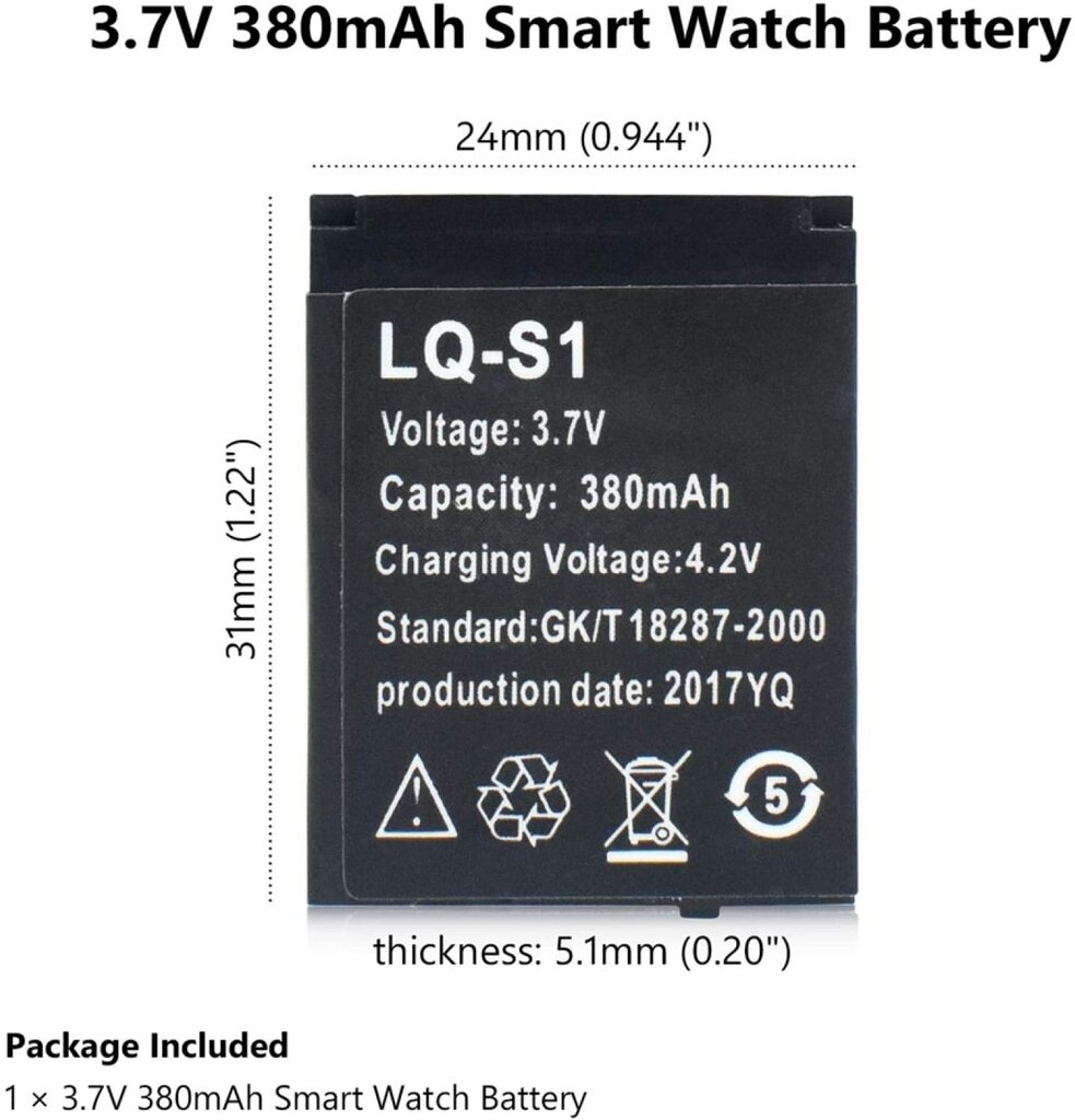 Išmaniųjų laikrodžių baterija, LQ-S1 3,7 v 380 mAh įkraunama LI jonų polimero išmaniųjų laikrodžių baterija DZ09 kaina ir informacija | Išmanioji technika ir priedai | pigu.lt