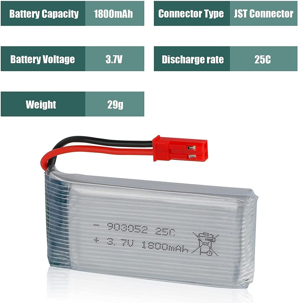 1 vnt. 3,7 V 1800 mAh 25C li-po akumuliatorius su JST kištuku, skirtas JJRC H11D H11C HQ898B kvadrikopteriui RC sraigtasparniui kaina ir informacija | Išmanioji technika ir priedai | pigu.lt