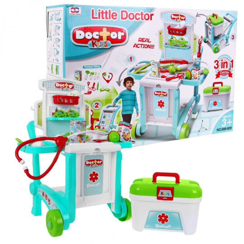 Daktaro rinkinys 3in1 medicinos vežimas + priedai kaina ir informacija | Žaislai mergaitėms | pigu.lt