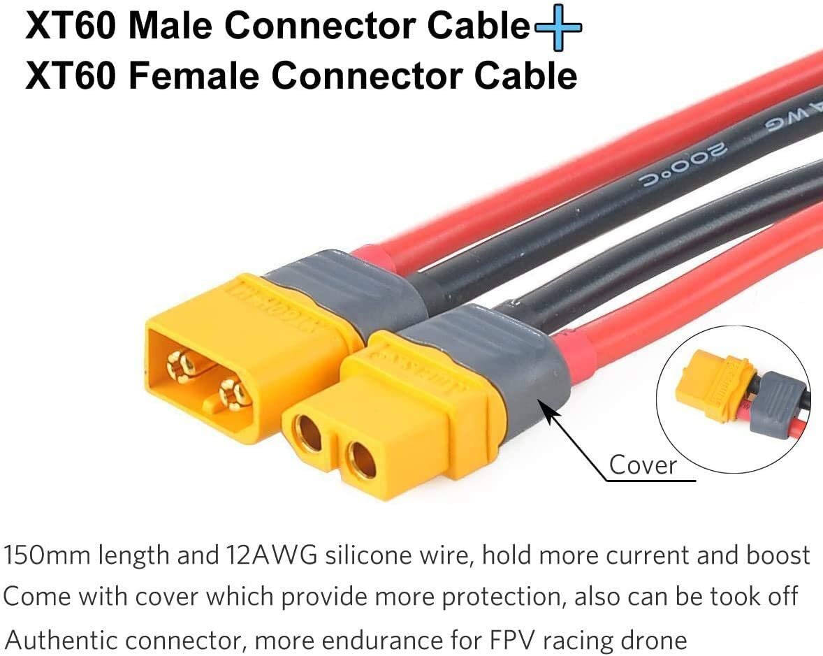 2 poros XT60 moteriškos vyriškos jungties su 150 mm 12AWG silikoninio kabelio korpuso jungtimi, skirta Lipo baterijai FPV Drone цена и информация | Išmanioji technika ir priedai | pigu.lt