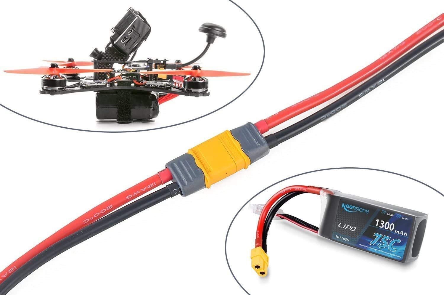 2 poros XT60 moteriškos vyriškos jungties su 150 mm 12AWG silikoninio kabelio korpuso jungtimi, skirta Lipo baterijai FPV Drone цена и информация | Išmanioji technika ir priedai | pigu.lt