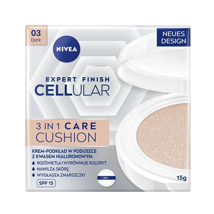 Makiažo pagrindas su kempinėle Nivea Hyaluron Cellular Filler 3in1 03 Dark, 15 g цена и информация | Makiažo pagrindai, pudros | pigu.lt