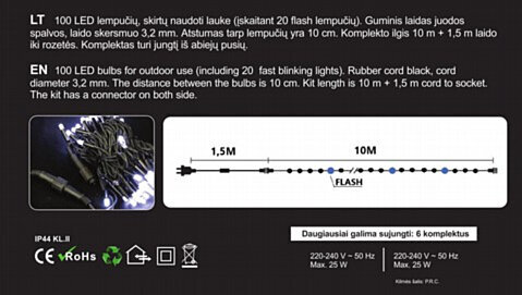 Gatvės girlianda 100LED/10 m + 1,5 m, spalva: mėlyna / šalta balta (FLASH) (104) 6611 цена и информация | Girliandos | pigu.lt