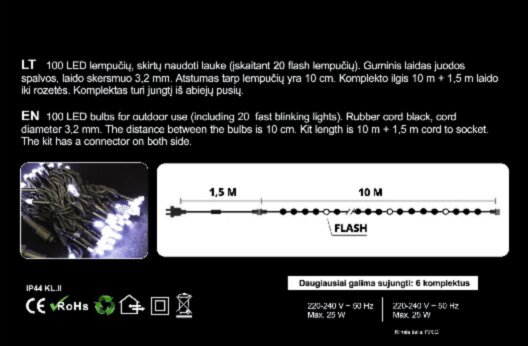 Gatvės girlianda 100LED/10 m + 1,5 m, įvairiaspalvė - 4 spalvos + balta FLASH (201) 6824 kaina ir informacija | Girliandos | pigu.lt