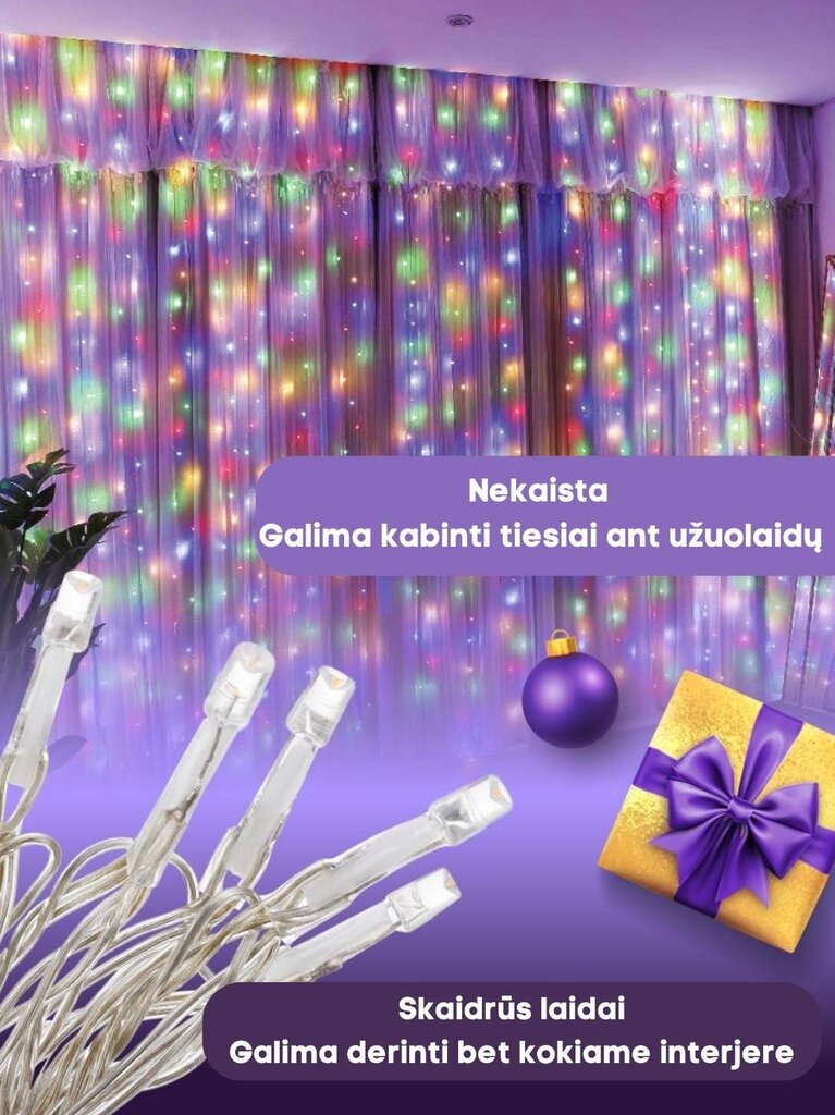 LED Girlianda - užuolaida, įvairispalvė kaina ir informacija | Girliandos | pigu.lt