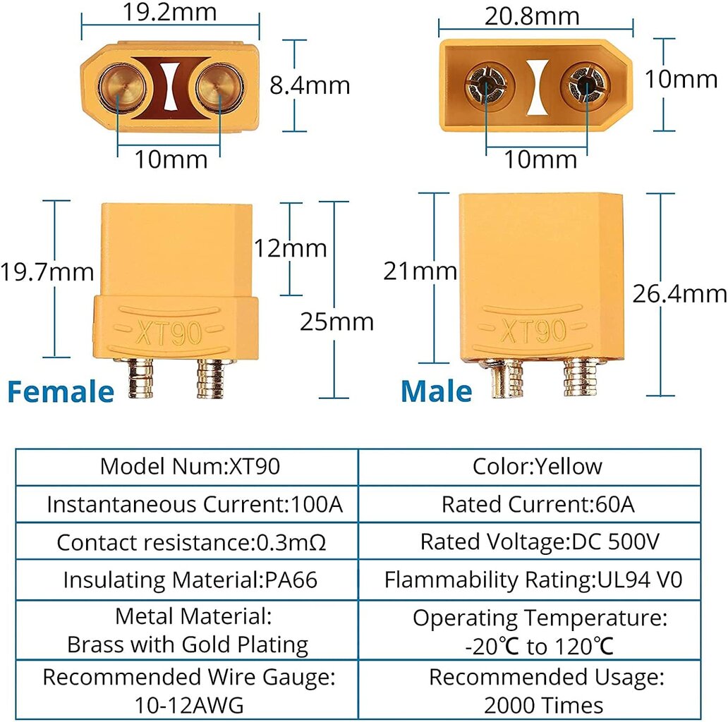 10 porų aukštos kokybės XT90 jungčių, vyriška-vyriška, modelio RC Lipo akumuliatorių jungtys kaina ir informacija | Išmanioji technika ir priedai | pigu.lt