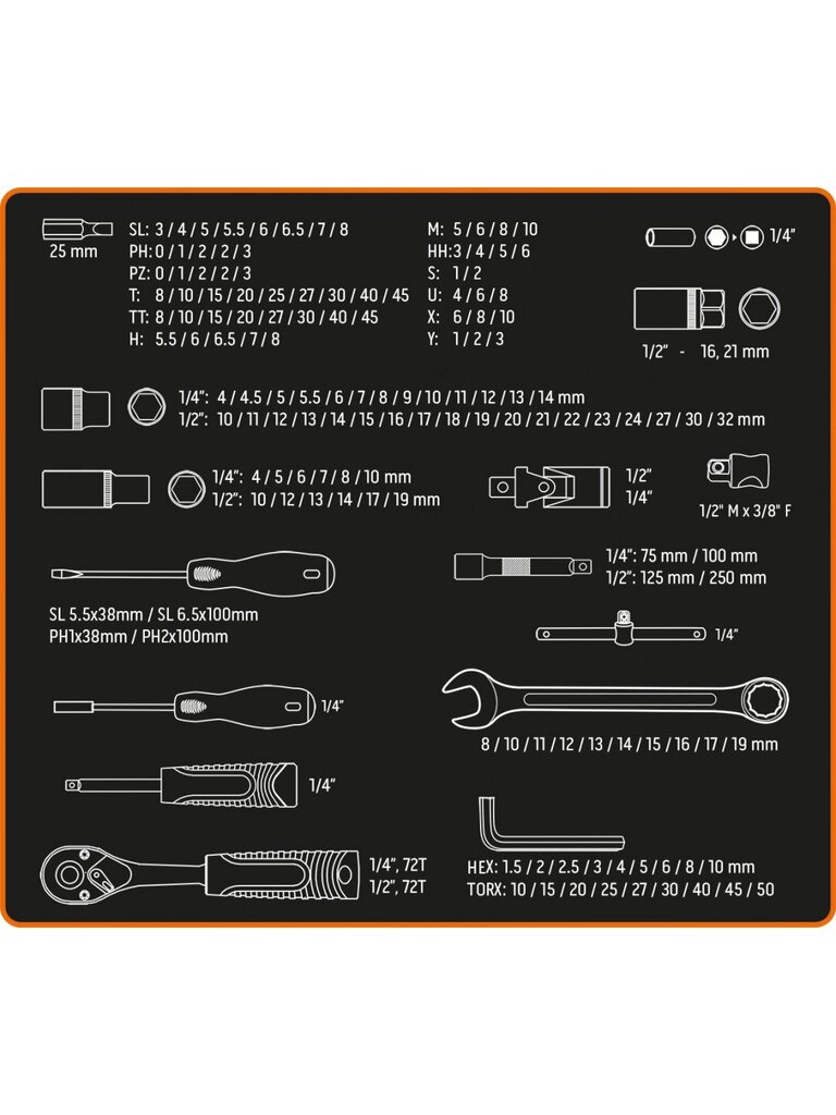 Įrankių rinkinys Neo 10-210, 150 vnt. kaina ir informacija | Mechaniniai įrankiai | pigu.lt