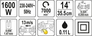 Elektrinis grandininis pjūklas FLO 79675, 1600W, 14" kaina ir informacija | Grandininiai pjūklai | pigu.lt