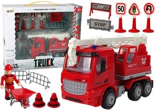 Žaislinis gaisrinės automobilis su ugniagesiu ir kelio ženklais kaina ir informacija | Lavinamieji žaislai | pigu.lt