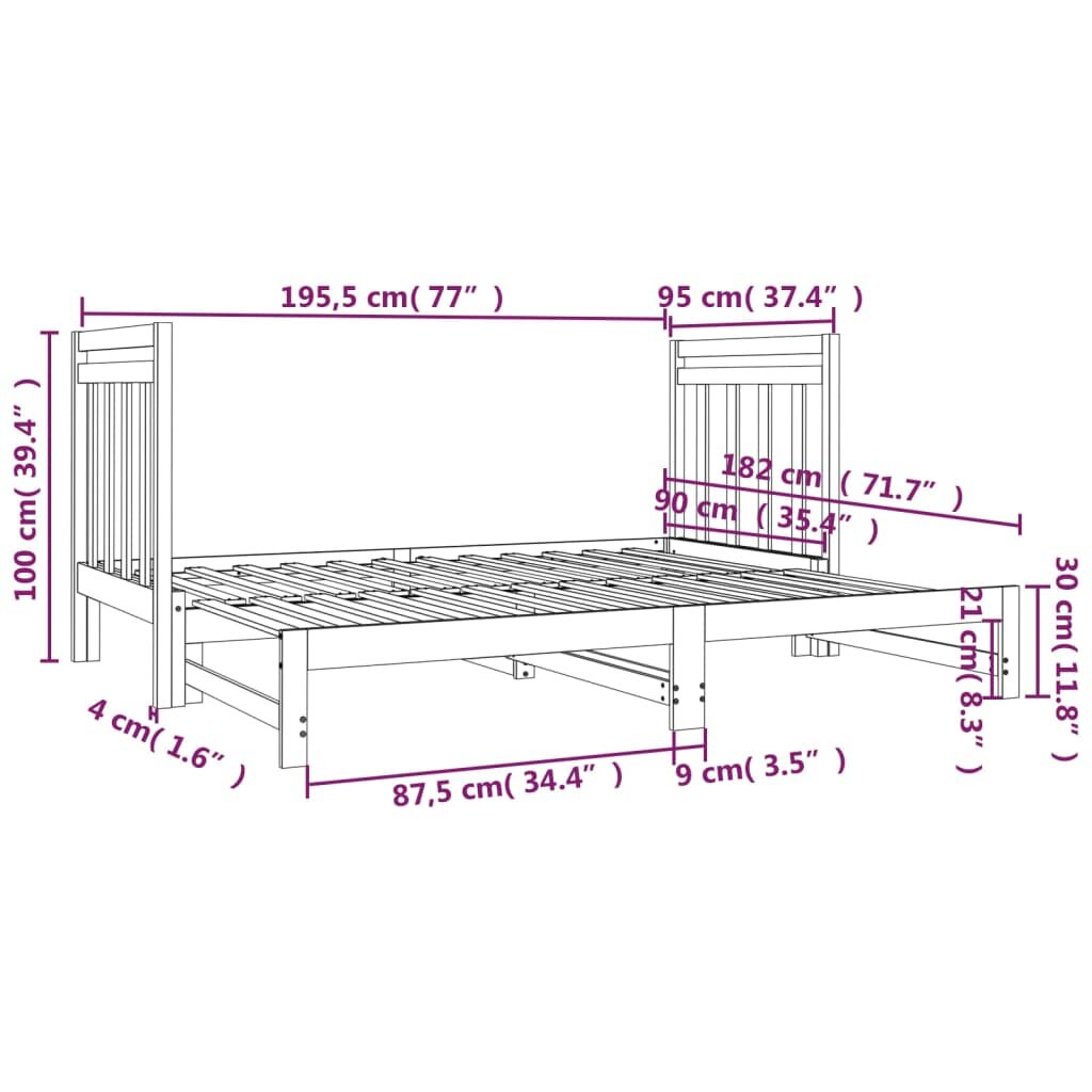 Ištraukiama lova, pilka, 2x(90x190)cm, pušies medienos masyvas kaina ir informacija | Lovos | pigu.lt