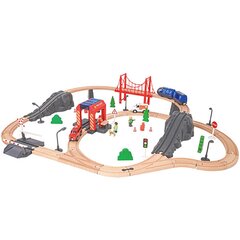 Деревянный трек с поездом, пожарной станцией, скорой помощью 70 деталей, Tooky Toy цена и информация | Игрушки для мальчиков | pigu.lt