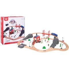 Деревянный трек с поездом, пожарной станцией, скорой помощью 70 деталей, Tooky Toy цена и информация | Игрушки для мальчиков | pigu.lt