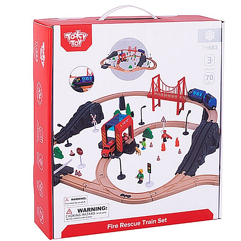 Medinė trasa su traukinio, gaisrinės, greitosios automobiliais 70 vnt., Tooky Toy kaina ir informacija | Žaislai berniukams | pigu.lt