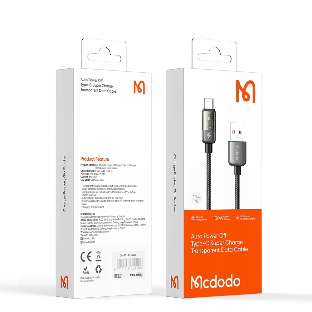 MCDODO PRISM SUPERFAST USB-C KABELIS 100W 1,8M kaina ir informacija | Laidai telefonams | pigu.lt