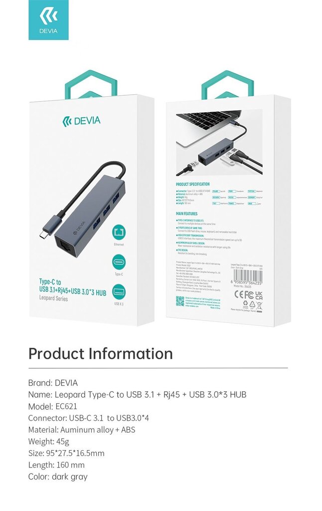 USB šakotuvas Devia Leopard, Type-C / USB 3.1 kaina ir informacija | Adapteriai, USB šakotuvai | pigu.lt