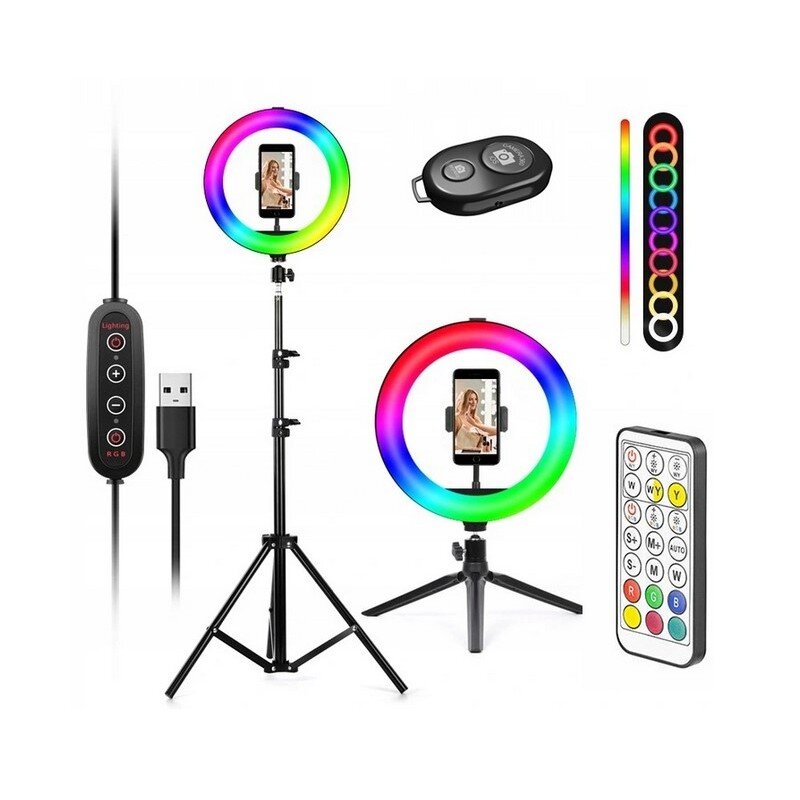 Žiedinė LED šviesos RGB lempa 30 cm su stovu ir kitais priedais kaina ir informacija | Asmenukių lazdos (selfie sticks) | pigu.lt