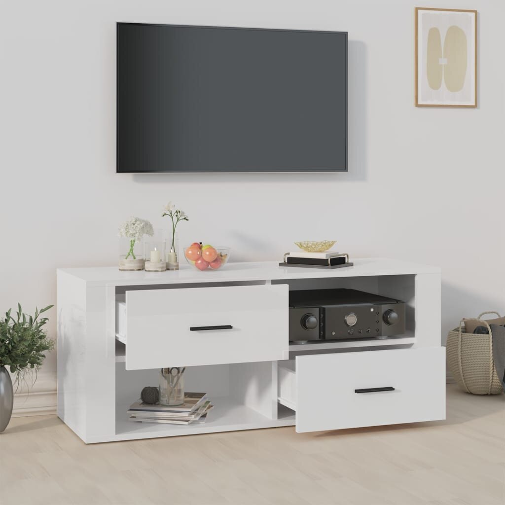 Televizoriaus spintelė, Apdirbta mediena, 100x35x40cm, balta blizgi spalva цена и информация | TV staliukai | pigu.lt