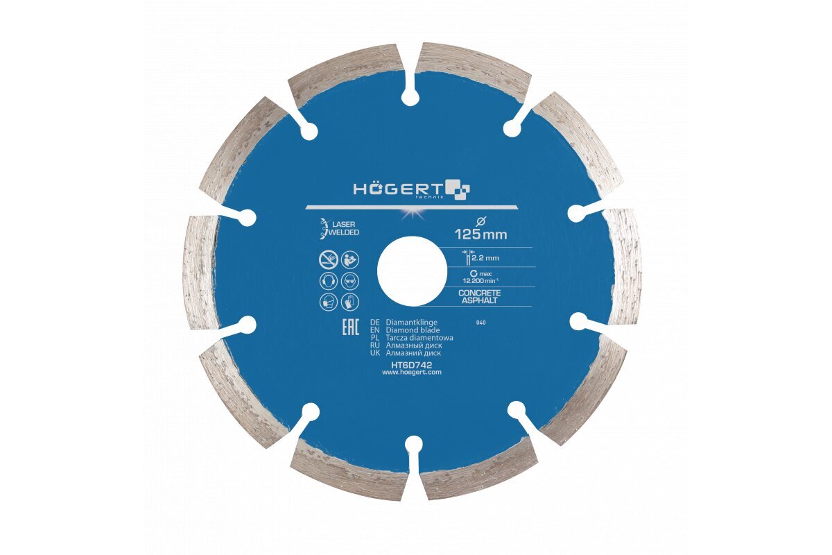 Deimantinis pjovimo diskas betonui 125 mm, Hogert, HT6D742 kaina ir informacija | Mechaniniai įrankiai | pigu.lt