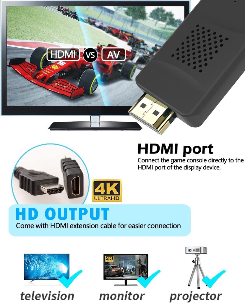 Retro žaidimų konsolė HappyJoe 1800 Games + Download, 4K HDMI HD kaina ir informacija | Žaidimų konsolės | pigu.lt