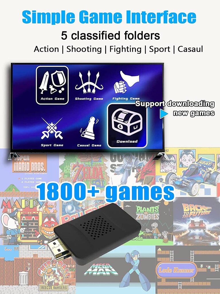 Retro žaidimų konsolė HappyJoe 1800 Games + Download, 4K HDMI HD kaina ir informacija | Žaidimų konsolės | pigu.lt